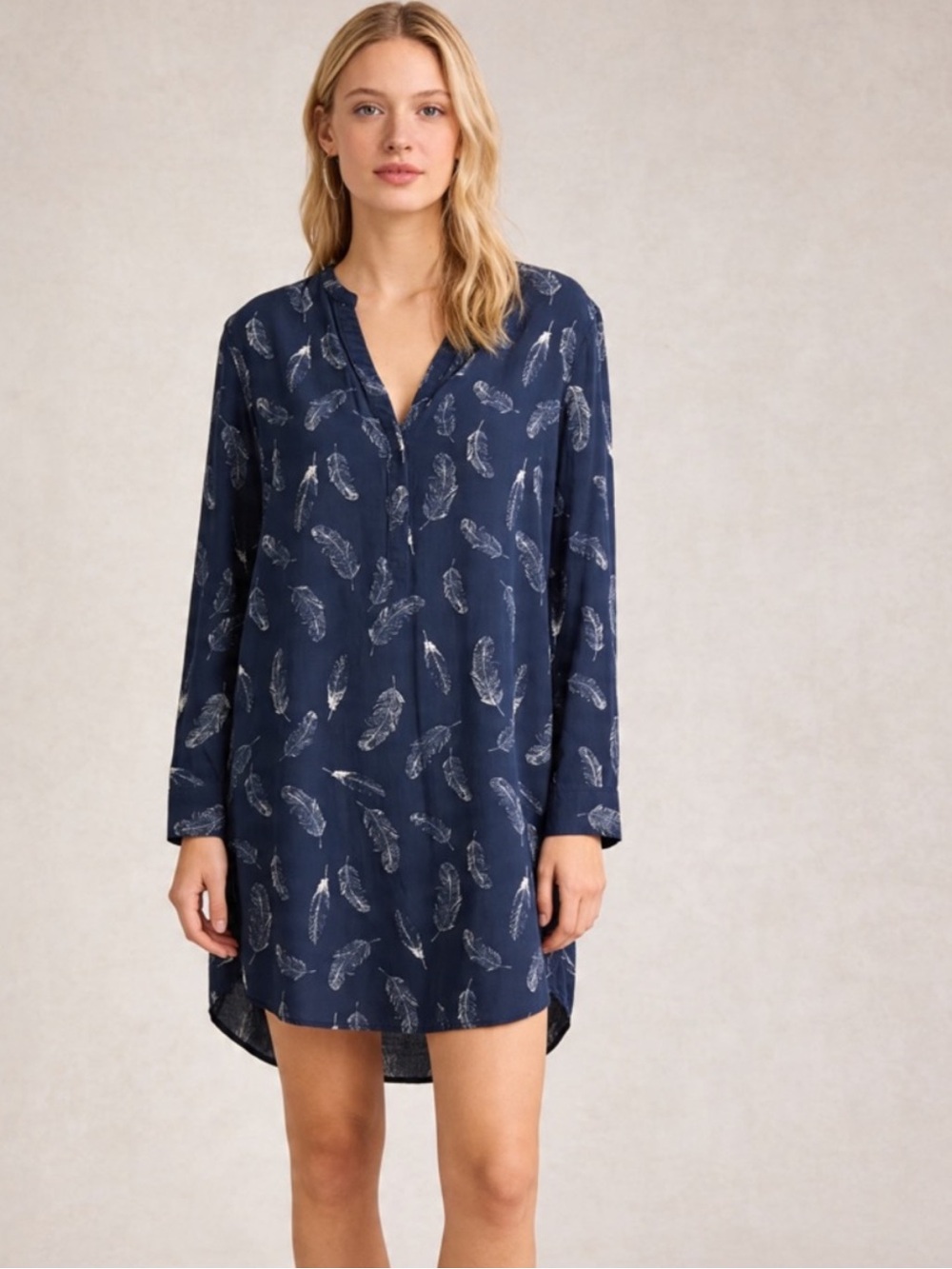 Banana Republic Feather Print Tunic Dress Blue Long Sleeve Size 6